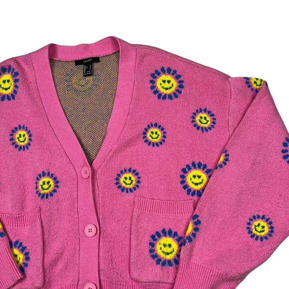 Forever 21 AOP Happy Face Floral V-Neck Cropped Cardigan Sweater FLAW Pink Large - Picture 3 of 6